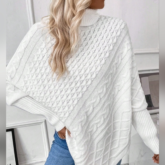 Turtleneck Batwing Sleeve Asymmetrical Hem Cable Knit Poncho - Picture 3 of 6